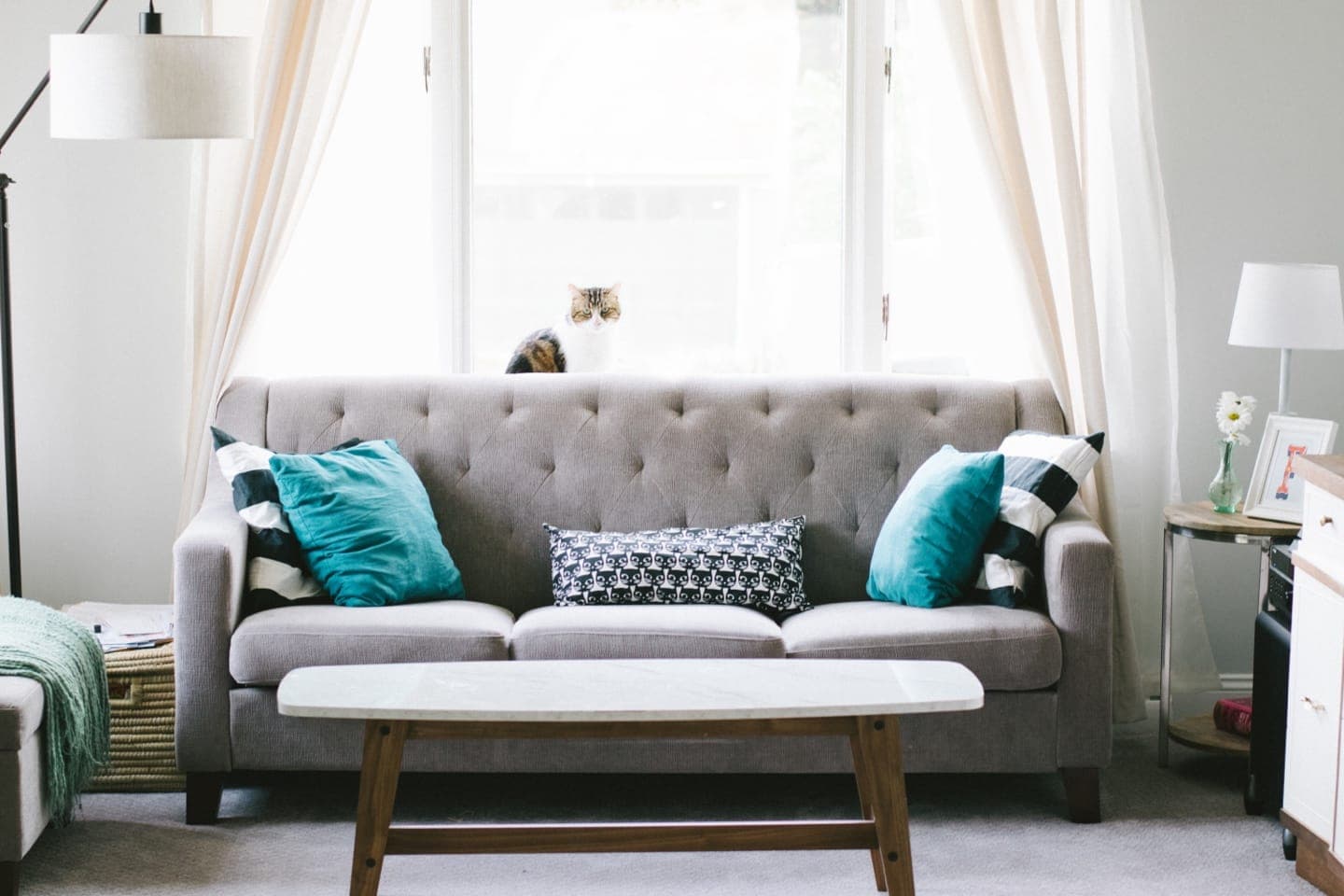 Standard Room sofa beside bright windows