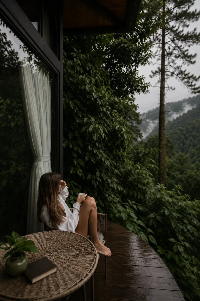 Guest enjoying tea on a private terrace above the forest