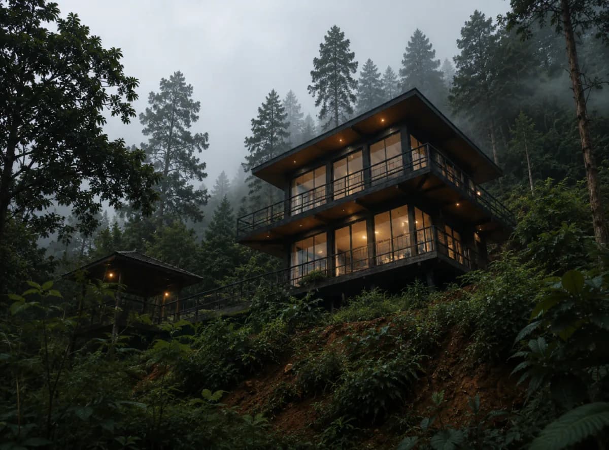 Tea Tops Hideaway lodge surrounded by misty forest