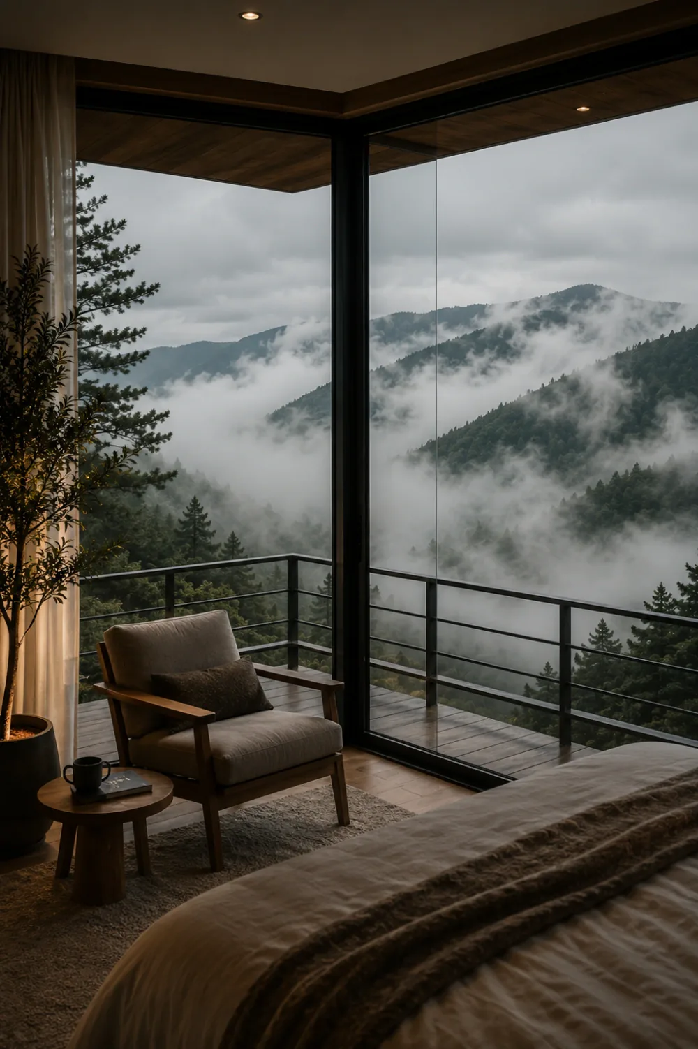 Quiet guest room with clouds drifting through the valley