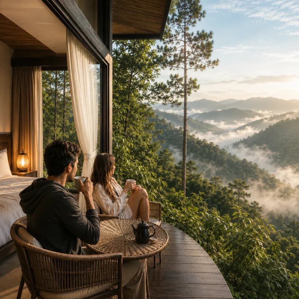 Guests sharing morning tea above the green hills