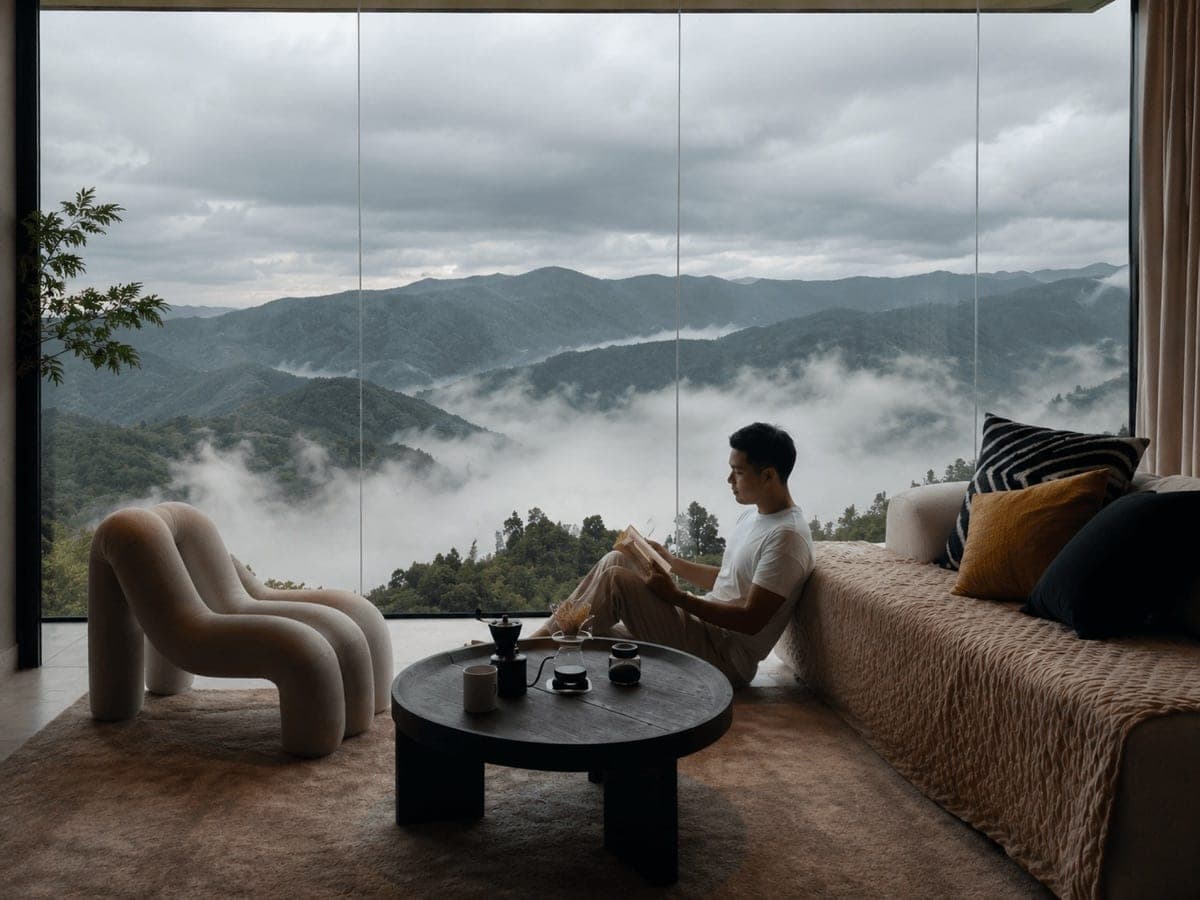 Guest reading beside a panoramic misty mountain view
