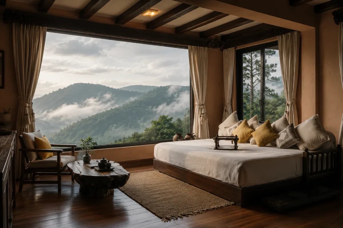 Spacious hotel room overlooking misty green mountains